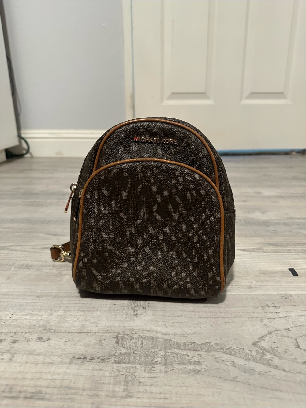 Michael Kors Dark Brown MK Monogram Mini Backpack with Tan Trim
